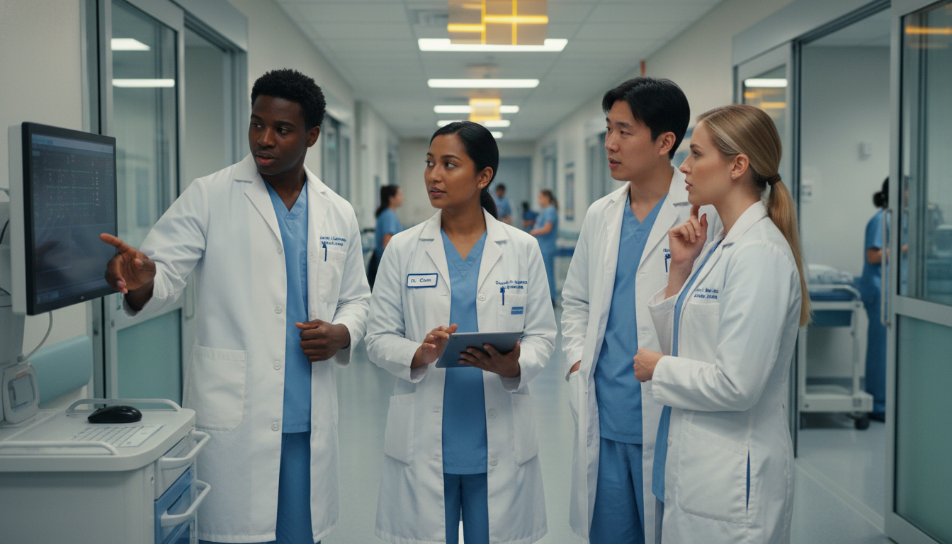 Surgical residents and an IMG prelim in a busy hospital corridor discussing patient care Surgical residents and an IMG prelim in a busy hospital corridor discussing patient care - IMG residency guide for Questions