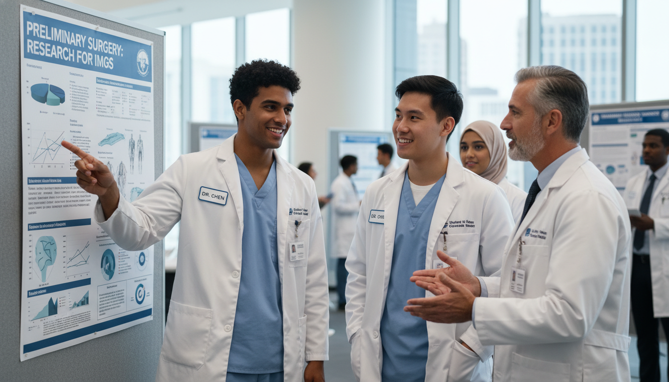 Surgical residents discussing a research poster - IMG residency guide for Research During Residency for International Medical
