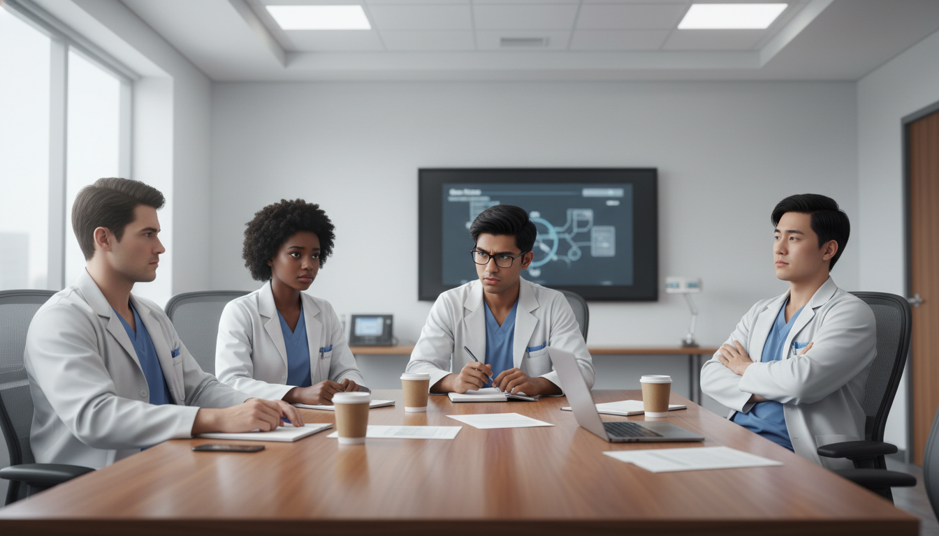 Surgical residents in a conference room discussing program culture Surgical residents in a conference room discussing program culture - IMG residency guide for Resident Turnover Warning Signs