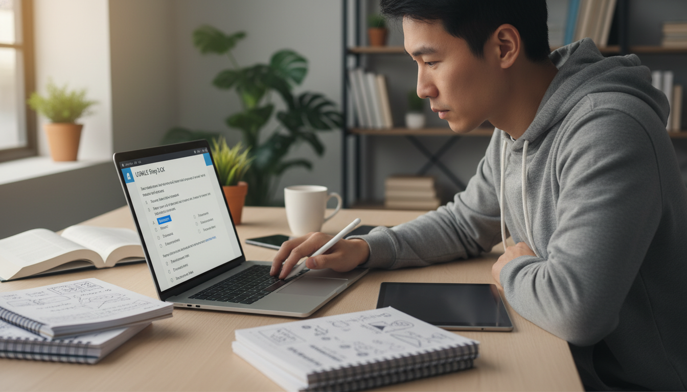 Medical graduate solving USMLE-style question bank on laptop Medical graduate solving USMLE-style question bank on laptop - IMG residency guide for USMLE Step 2 CK Preparation for Intern