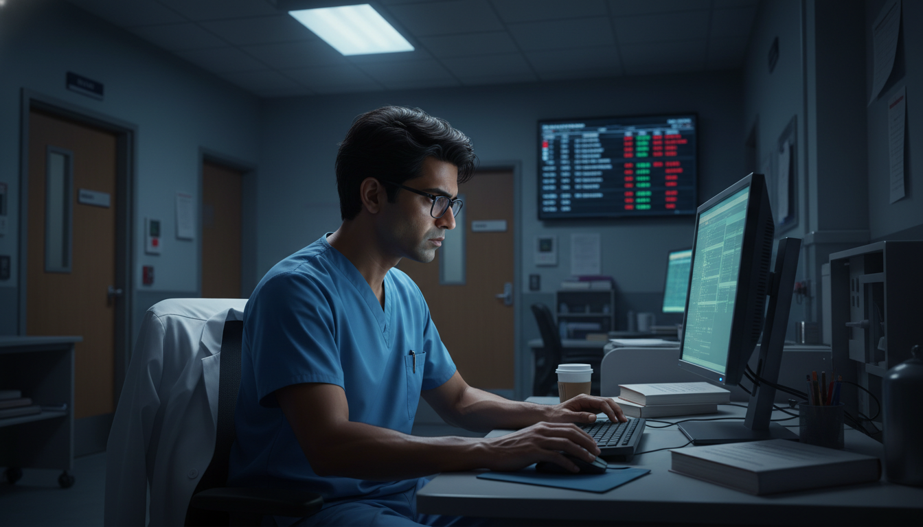 Preliminary surgery resident on night float reviewing charts Preliminary surgery resident on night float reviewing charts - IMG residency guide for Work-Life Balance Assessment for Inter