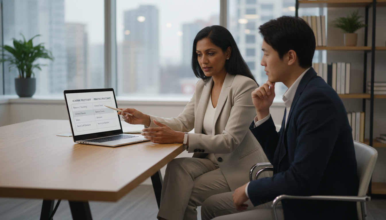 IMG psychiatrist discussing academic vs private practice options with a mentor IMG psychiatrist discussing academic vs private practice options with a mentor - IMG residency guide for Academic vs Private