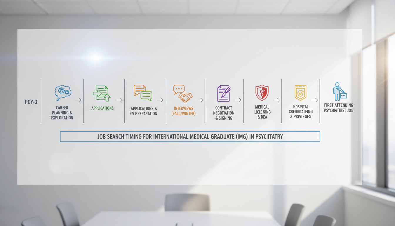 Timeline for psychiatry IMG job search from residency to first attending role Timeline for psychiatry IMG job search from residency to first attending role - IMG residency guide for Job Search Timing for