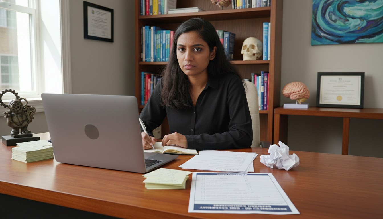 International medical graduate preparing residency application letters at desk with laptop and notes International medical graduate preparing residency application letters at desk with laptop and notes - IMG residency guide fo