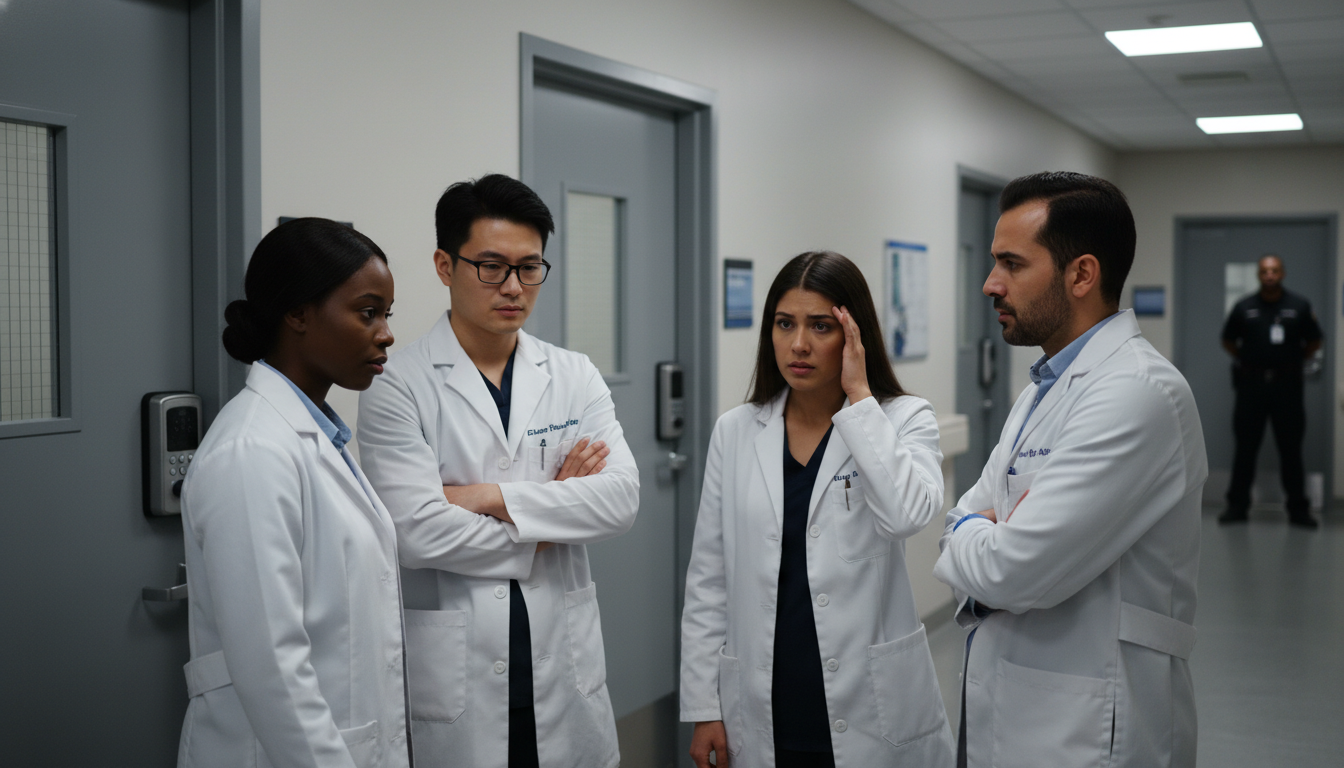 Psychiatry residents discussing concerns privately in hospital corridor Psychiatry residents discussing concerns privately in hospital corridor - IMG residency guide for Identifying Malignant Progr
