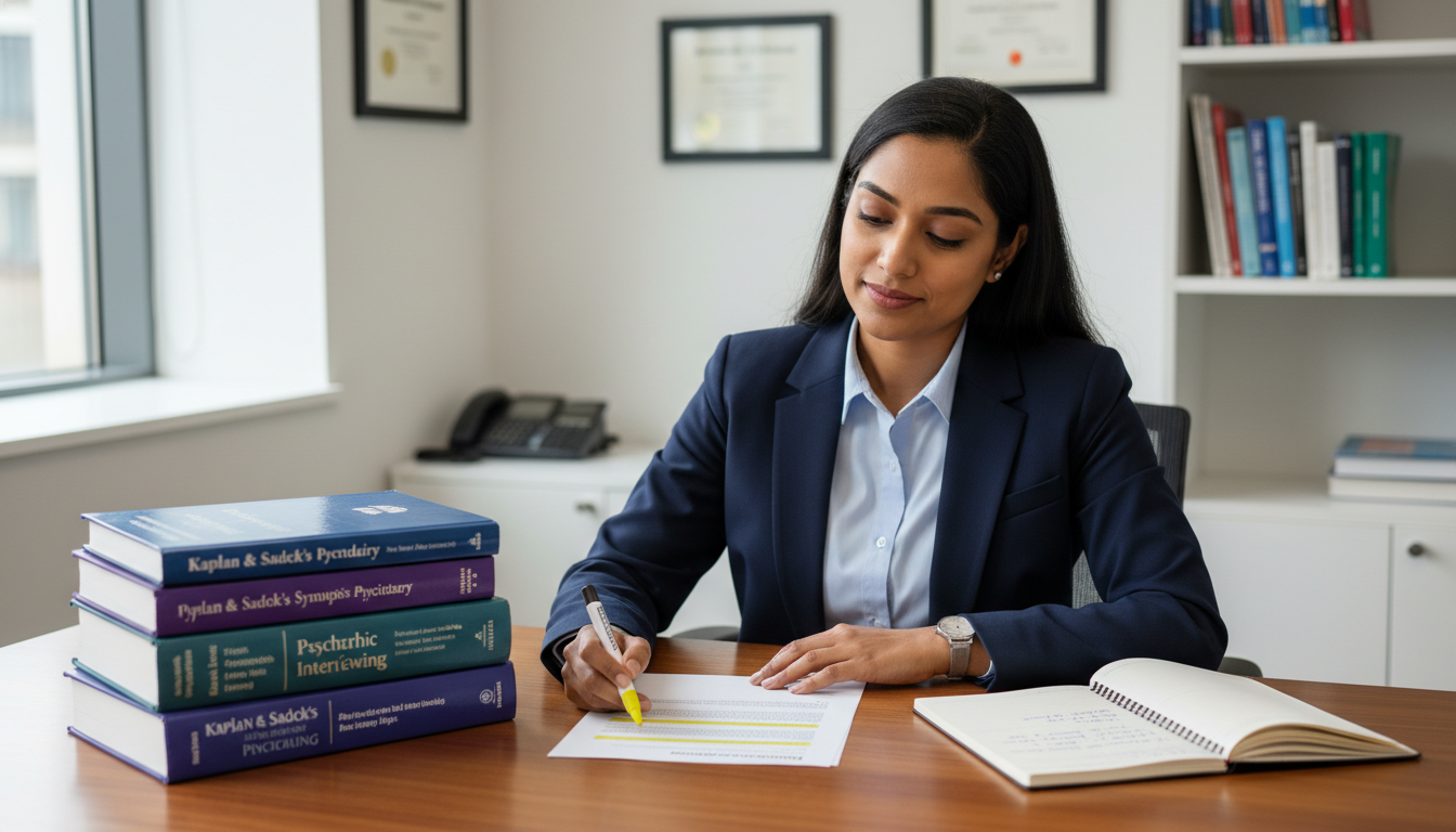 IMG candidate reviewing psychiatry cases and personal statement before interview IMG candidate reviewing psychiatry cases and personal statement before interview - IMG residency guide for Pre-Interview Prep