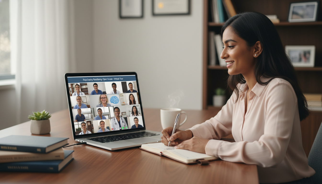 IMG psychiatrist applicant attending a virtual residency open house IMG psychiatrist applicant attending a virtual residency open house - IMG residency guide for How to Research Programs for In