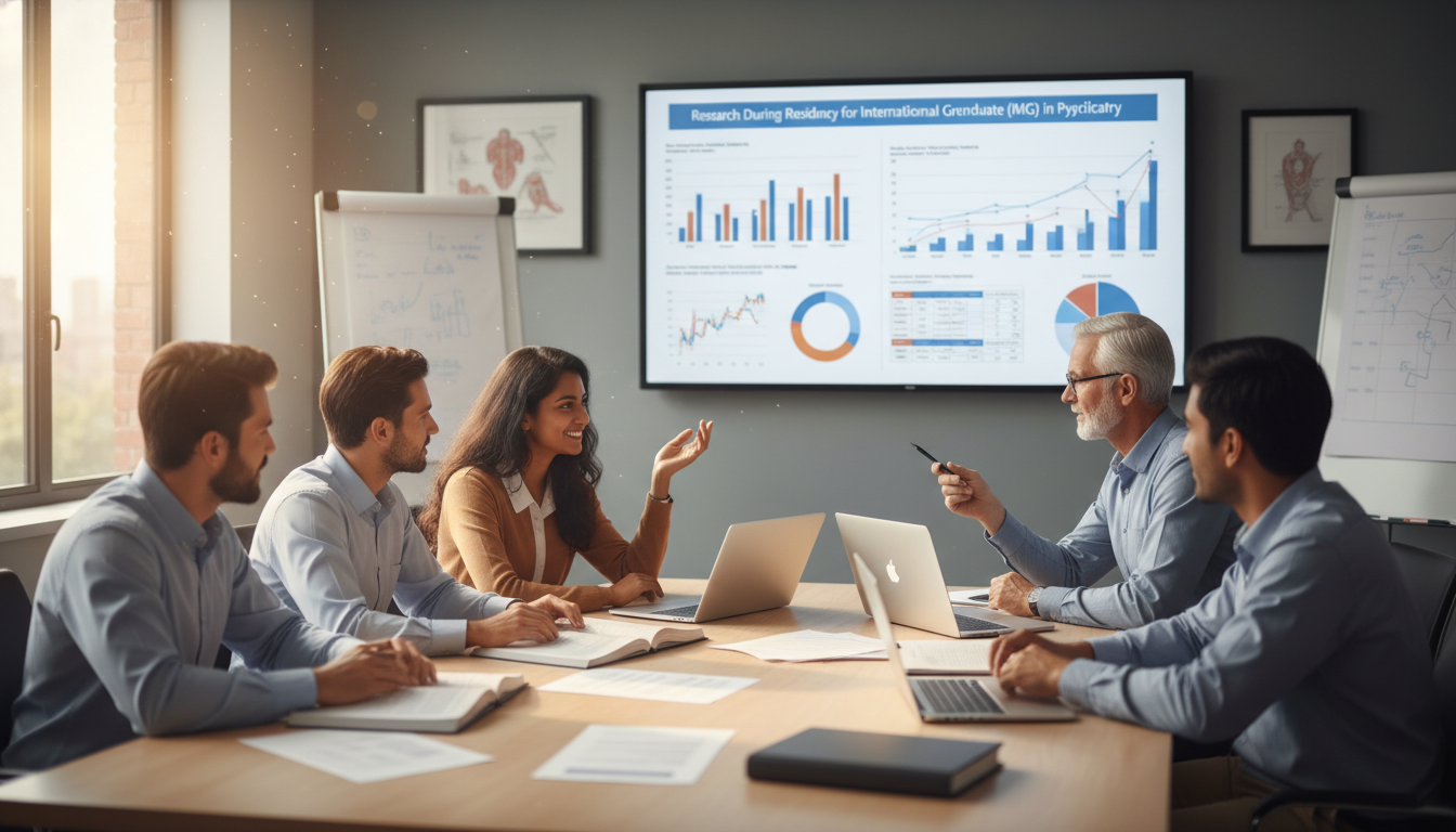 Psychiatry residents and faculty collaborating on a research project Psychiatry residents and faculty collaborating on a research project - IMG residency guide for Research During Residency for