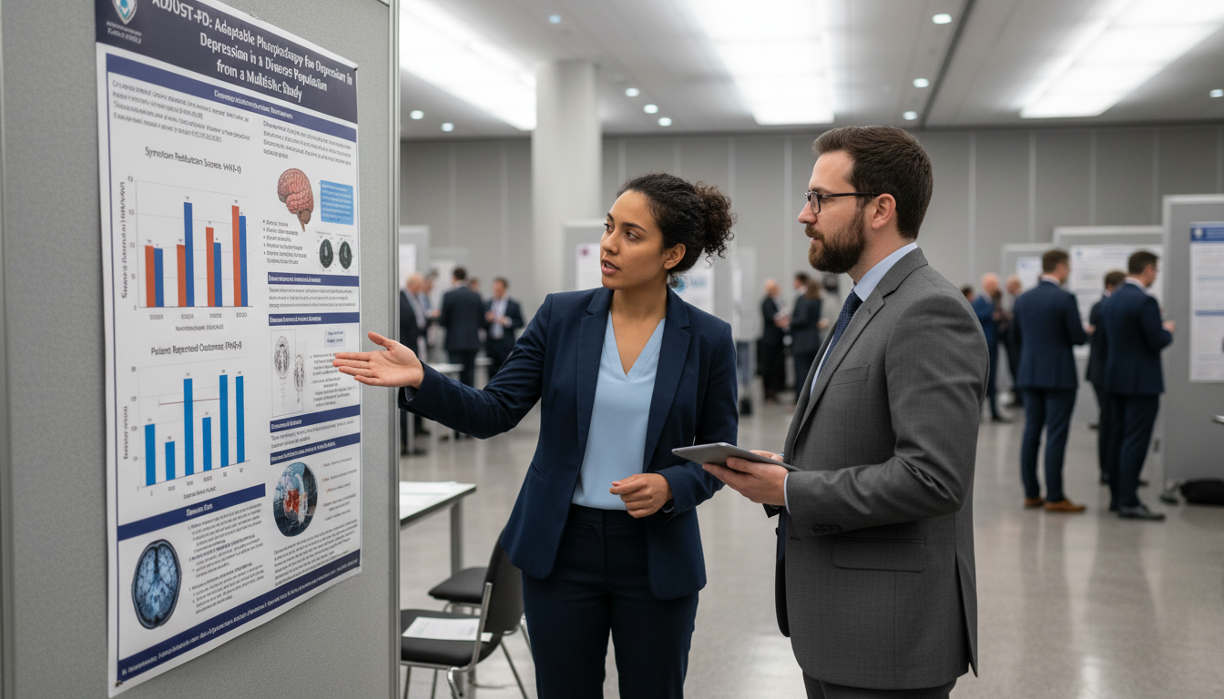 Psychiatry resident presenting a research poster at a medical conference Psychiatry resident presenting a research poster at a medical conference - IMG residency guide for Research During Residency