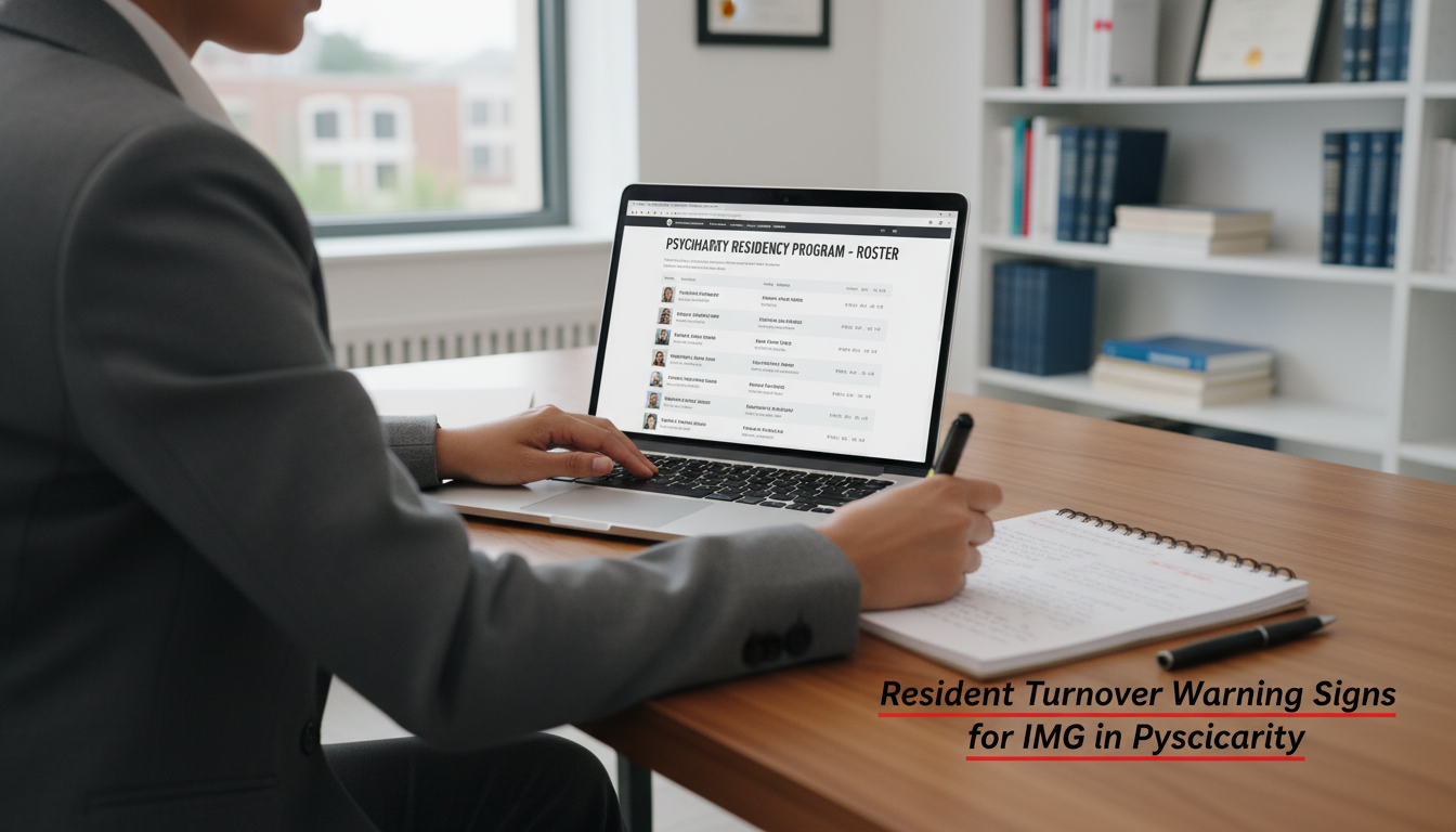 International medical graduate researching residency programs on a laptop International medical graduate researching residency programs on a laptop - IMG residency guide for Resident Turnover Warning