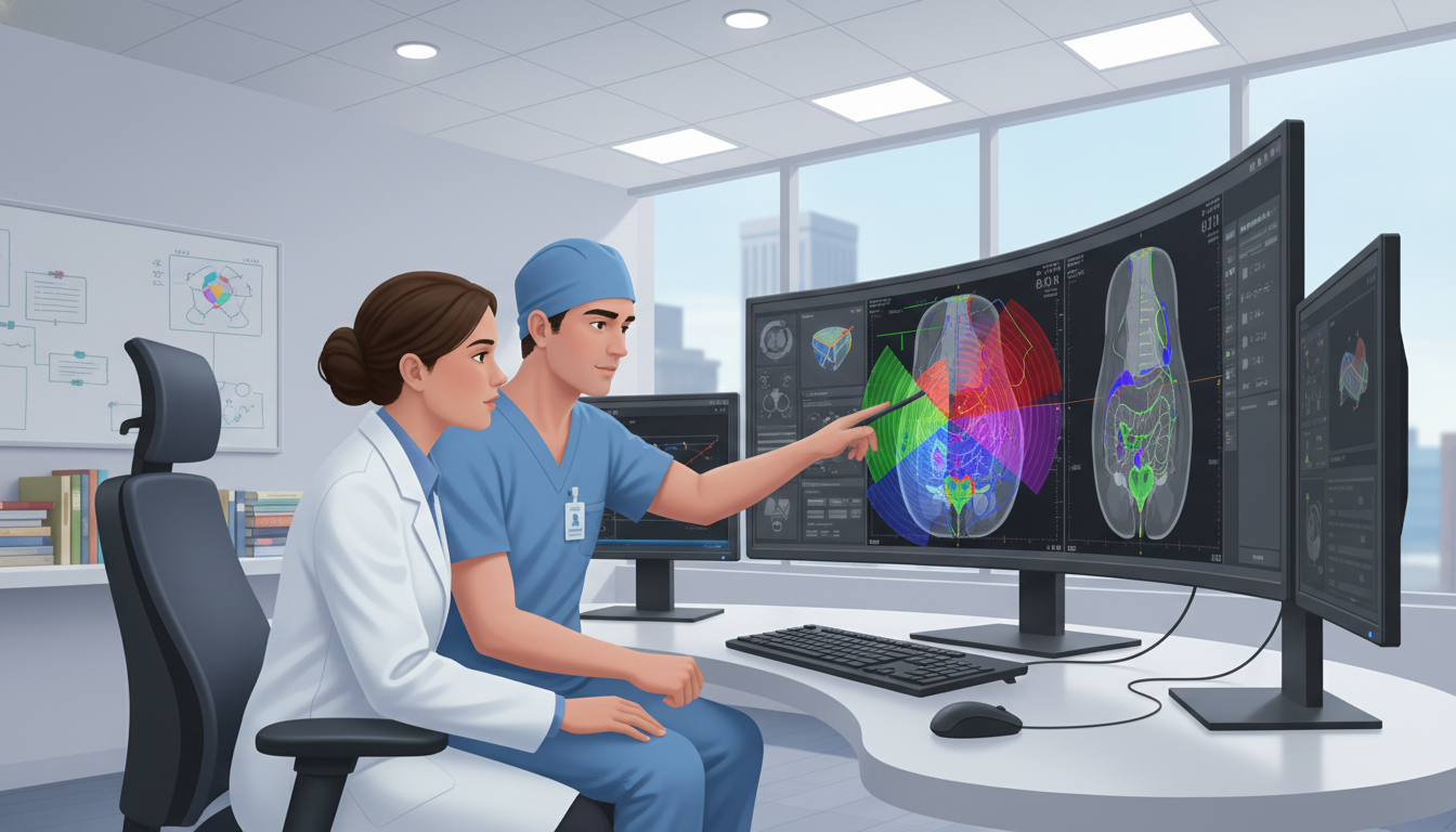 Radiation oncology resident and IMG student reviewing contouring on a treatment planning workstation Radiation oncology resident and IMG student reviewing contouring on a treatment planning workstation - IMG residency guide fo
