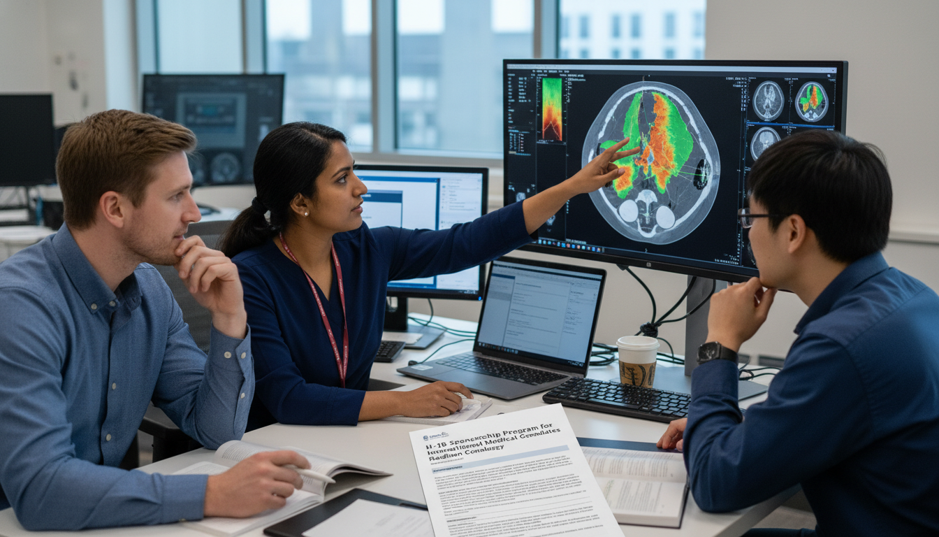 Radiation oncology residents reviewing treatment plans and discussing residency visa options Radiation oncology residents reviewing treatment plans and discussing residency visa options - IMG residency guide for H-1B S