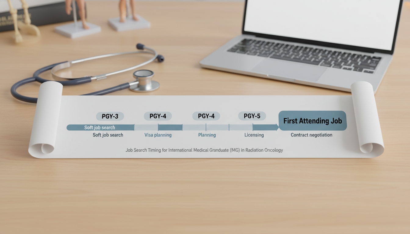 Timeline for IMG radiation oncology job search across residency years - IMG residency guide for Job Search Timing for Interna