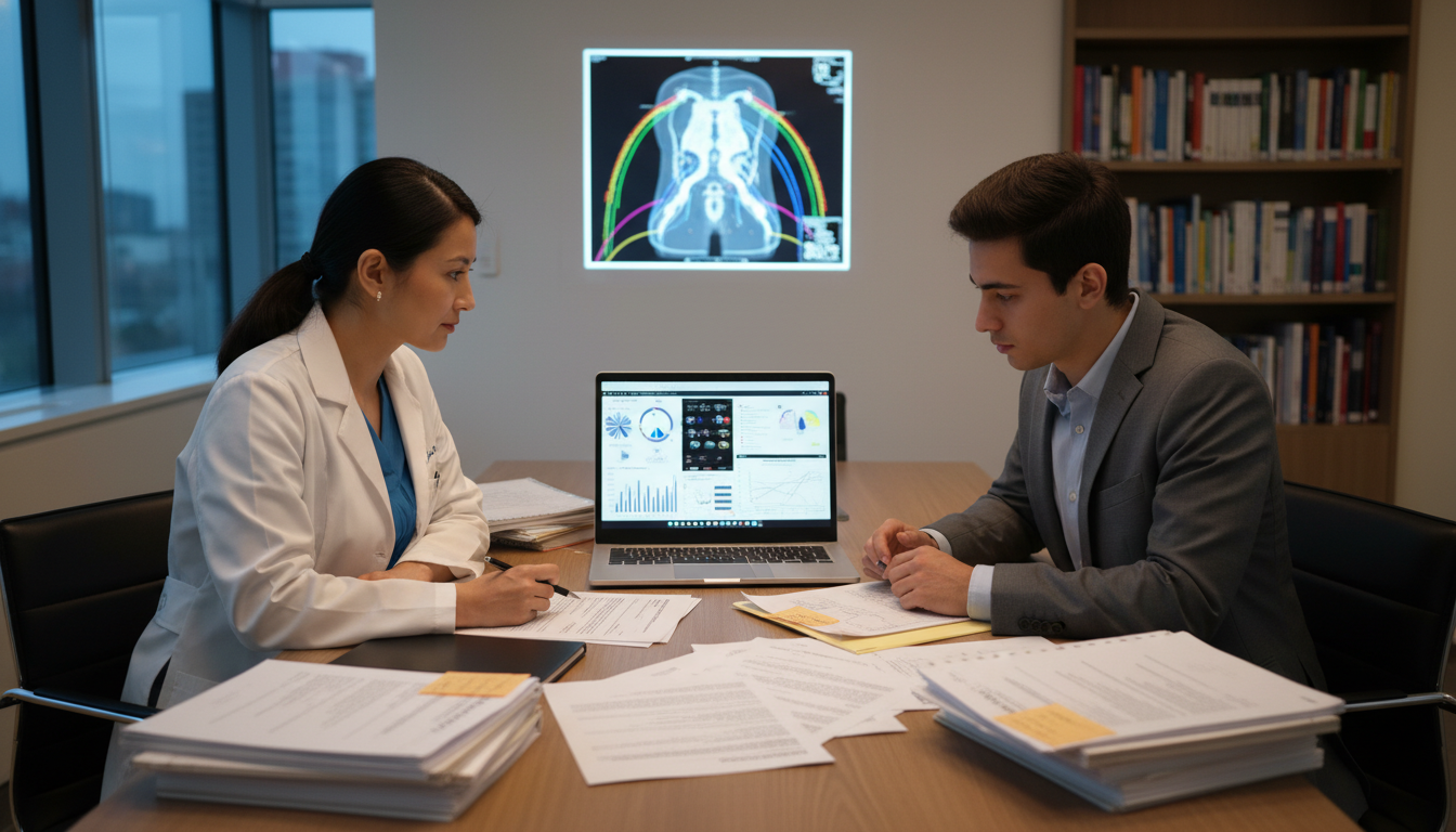 Radiation oncology mentor discussing research plan with international medical graduate - IMG residency guide for Low Step Sco