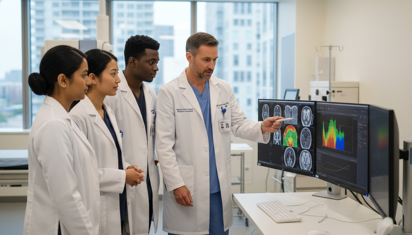 Radiation oncology residents in treatment planning room discussing cases - IMG residency guide for Questions to Ask Programs