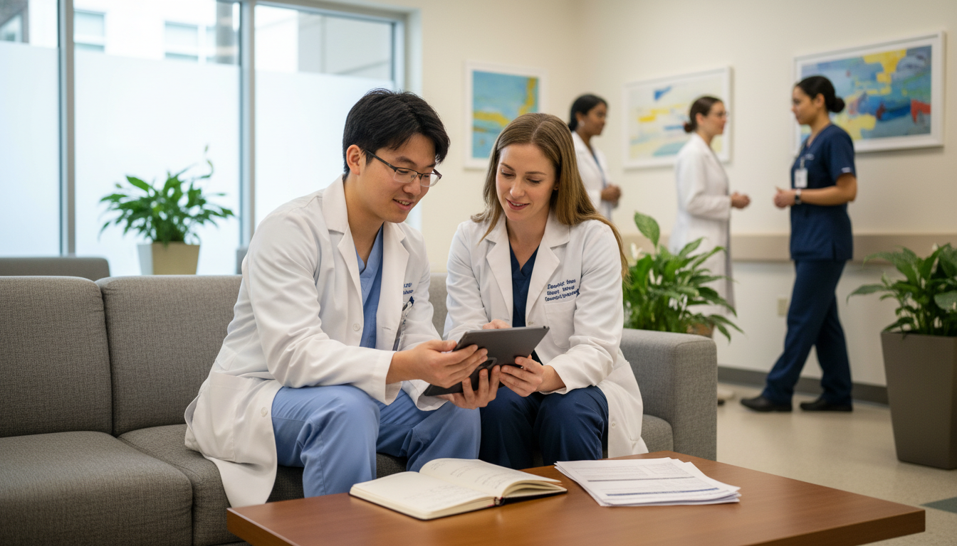 International medical graduate talking to a radiation oncology resident mentor in a hospital lounge - IMG residency guide for