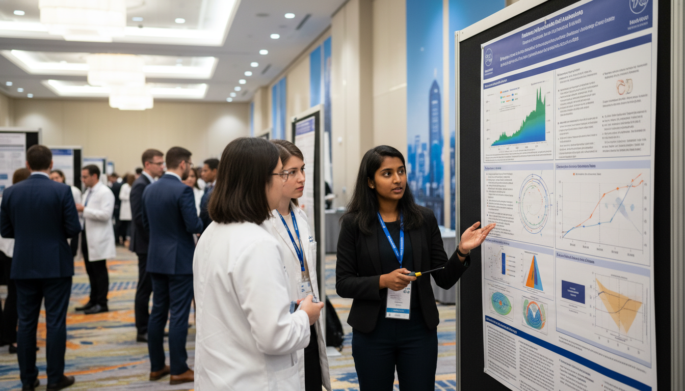 Resident presenting radiation oncology research at a conference poster session Resident presenting radiation oncology research at a conference poster session - IMG residency guide for Research During Resi
