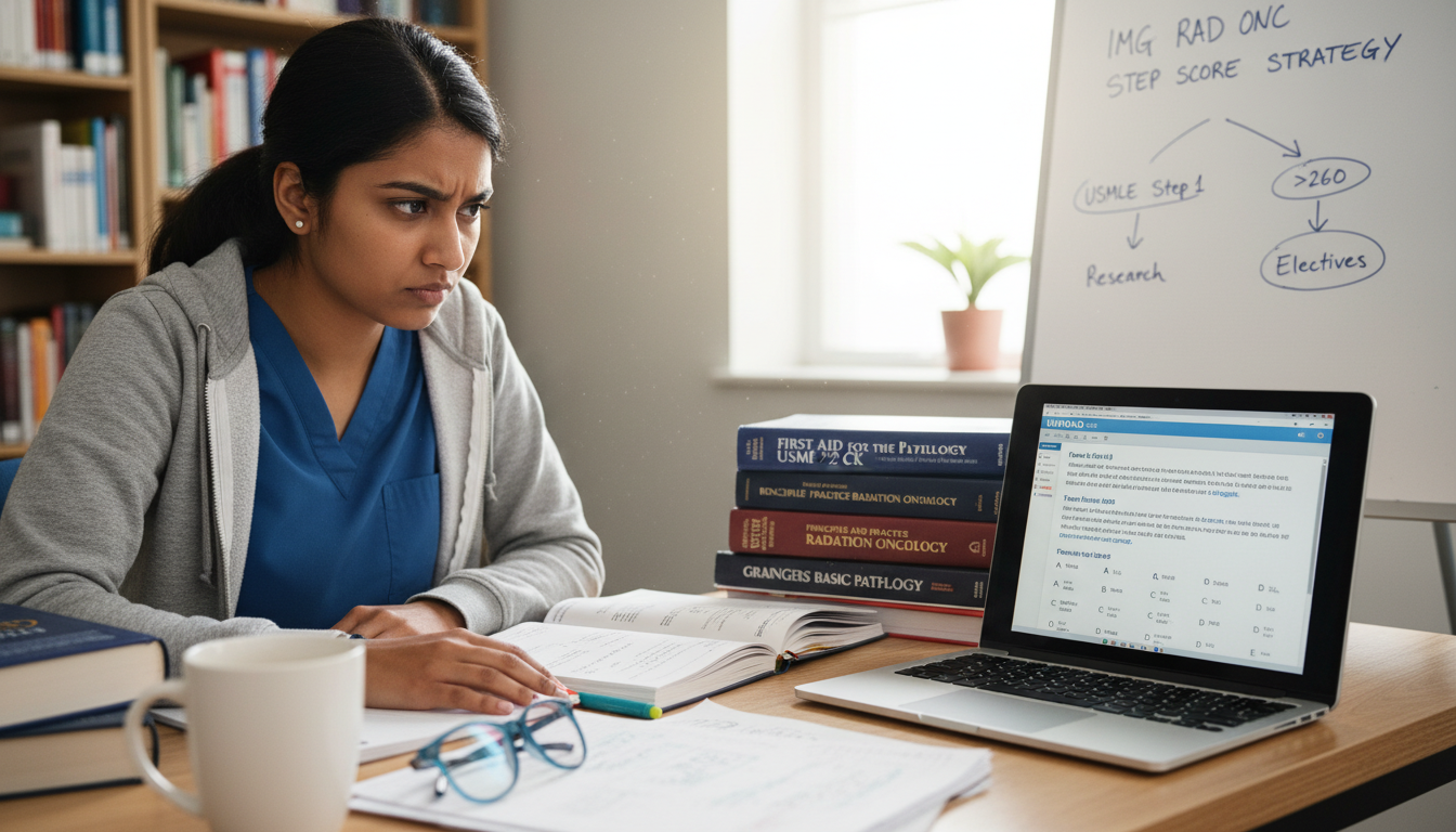 International medical graduate studying for USMLE Step 2 CK with oncology textbooks and notes - IMG residency guide for Step