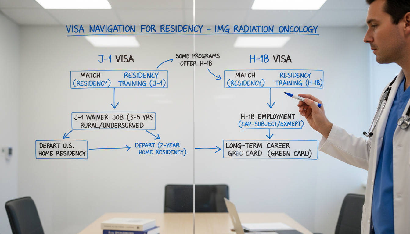 Flowchart of visa options for international medical graduates pursuing radiation oncology residency - IMG residency guide for