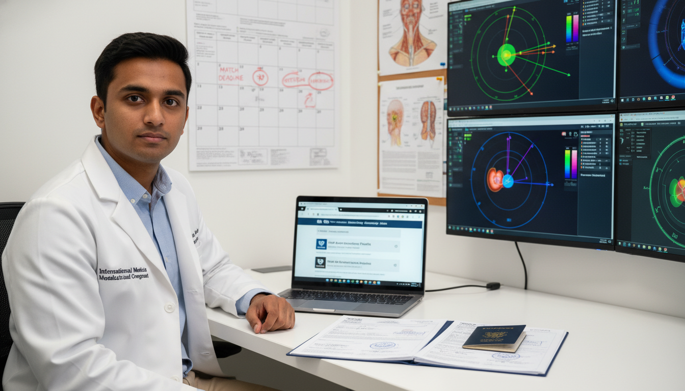International medical graduate reviewing visa documents and match calendar in a radiation oncology office - IMG residency gui