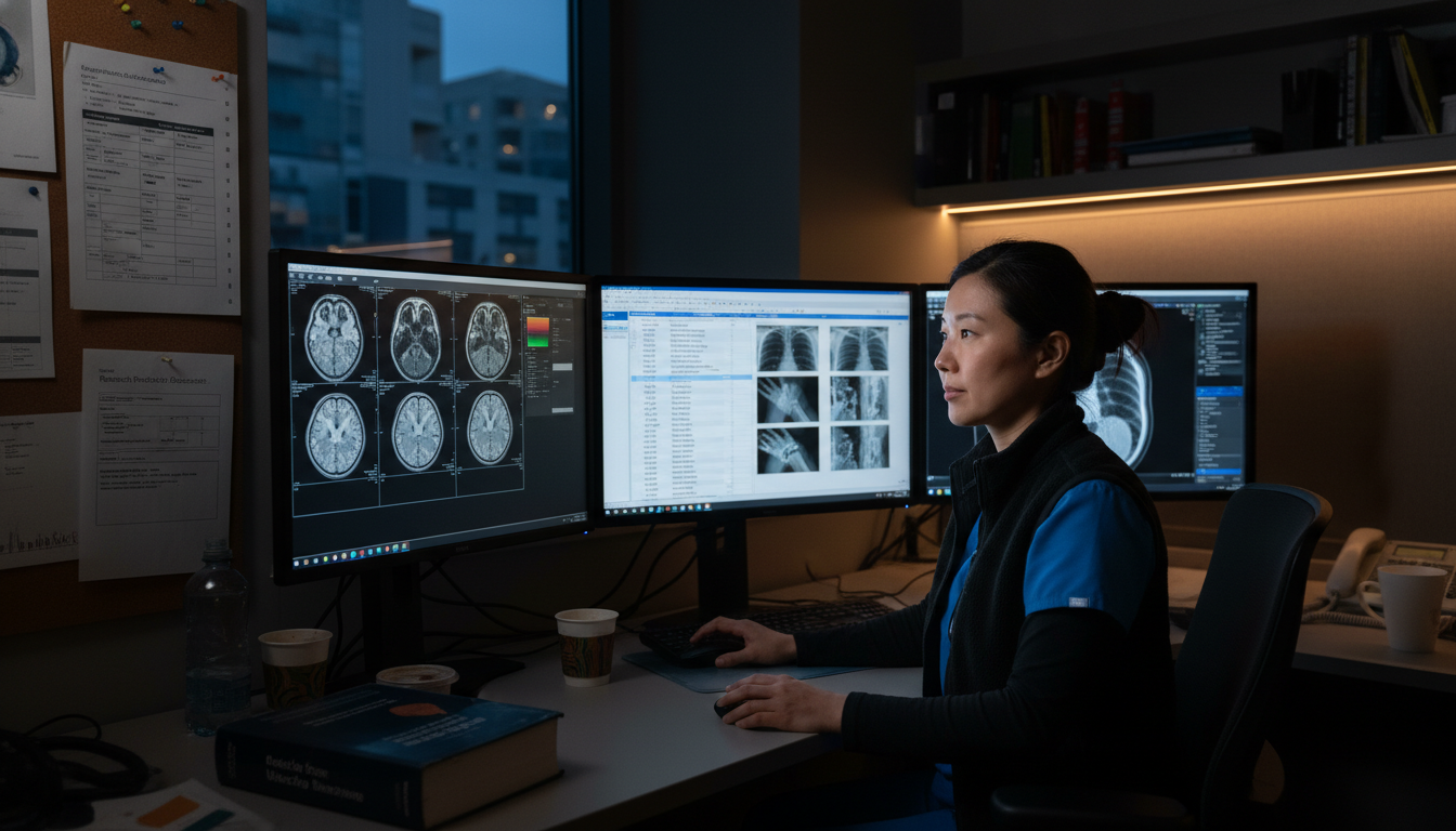Radiologist in reading room comparing case mix in academic and private practice settings Radiologist in reading room comparing case mix in academic and private practice settings - IMG residency guide for Academic v