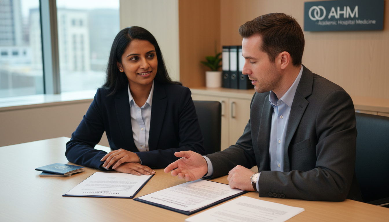 International medical graduate radiologist discussing visa options with hospital HR in academic setting International medical graduate radiologist discussing visa options with hospital HR in academic setting - IMG residency guide