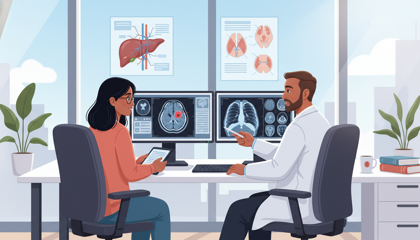 International medical student reviewing imaging cases with radiology resident during away rotation - IMG residency guide for