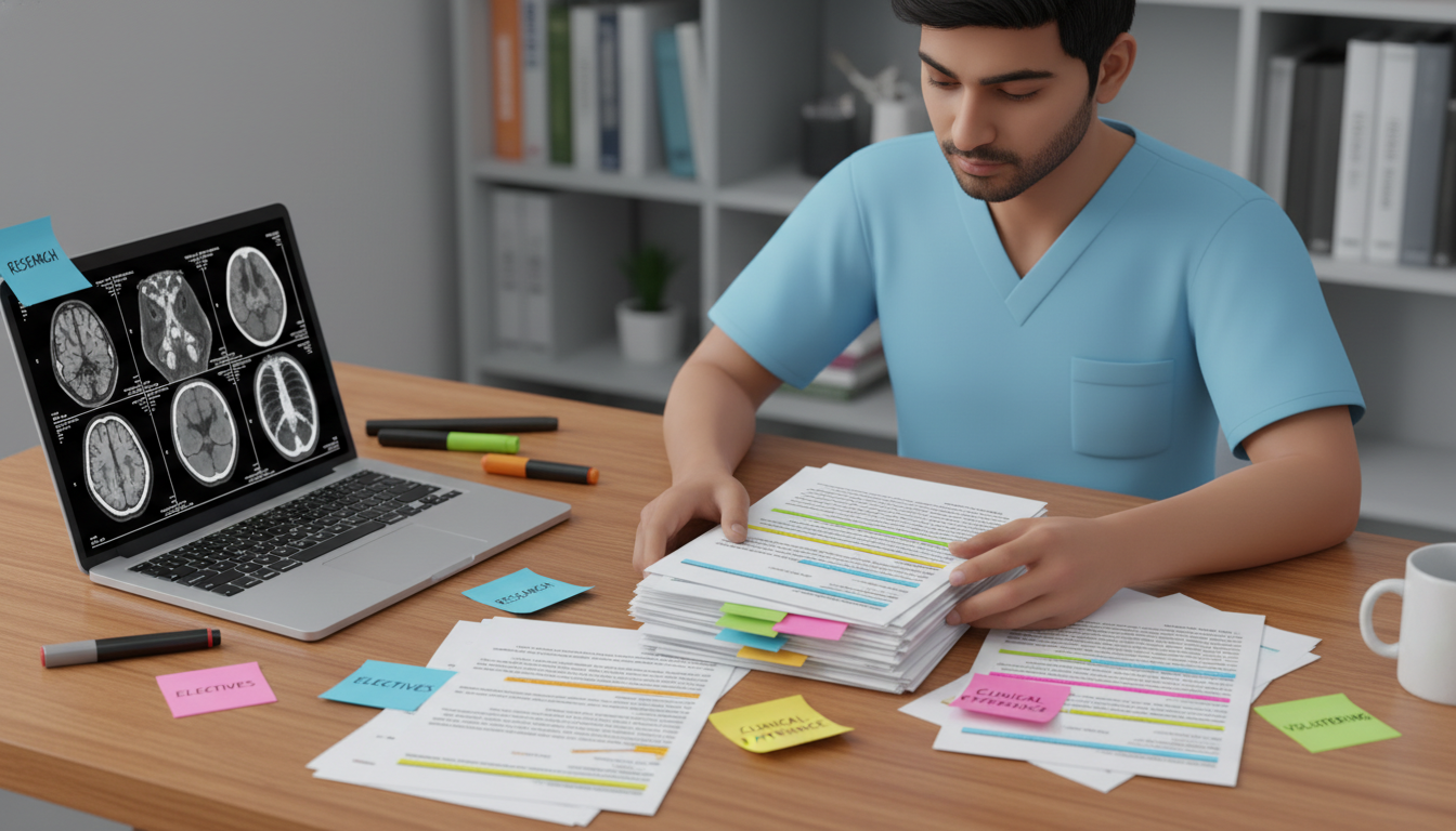 Radiology residency applicant organizing CV sections on a desk Radiology residency applicant organizing CV sections on a desk - IMG residency guide for CV Building for International Medica