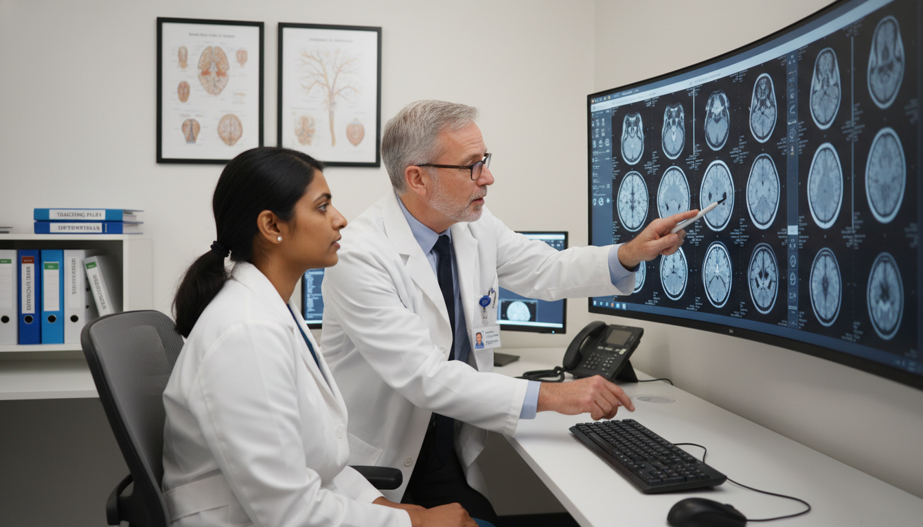 Radiology fellow working in academic reading room with mentor Radiology fellow working in academic reading room with mentor - IMG residency guide for Fellowship Preparation for Internatio