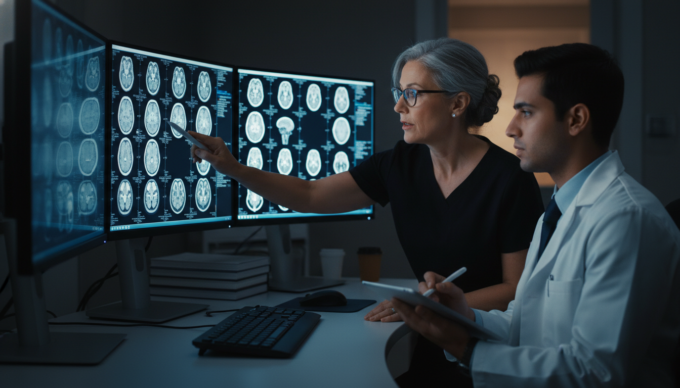 Radiology attending mentoring an IMG in front of diagnostic imaging monitors Radiology attending mentoring an IMG in front of diagnostic imaging monitors - IMG residency guide for Letters of Recommendat