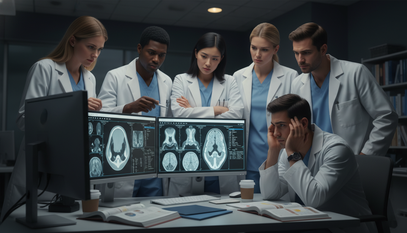 Radiology residents in dark reading room discussing cases Radiology residents in dark reading room discussing cases - IMG residency guide for Identifying Malignant Programs for Intern