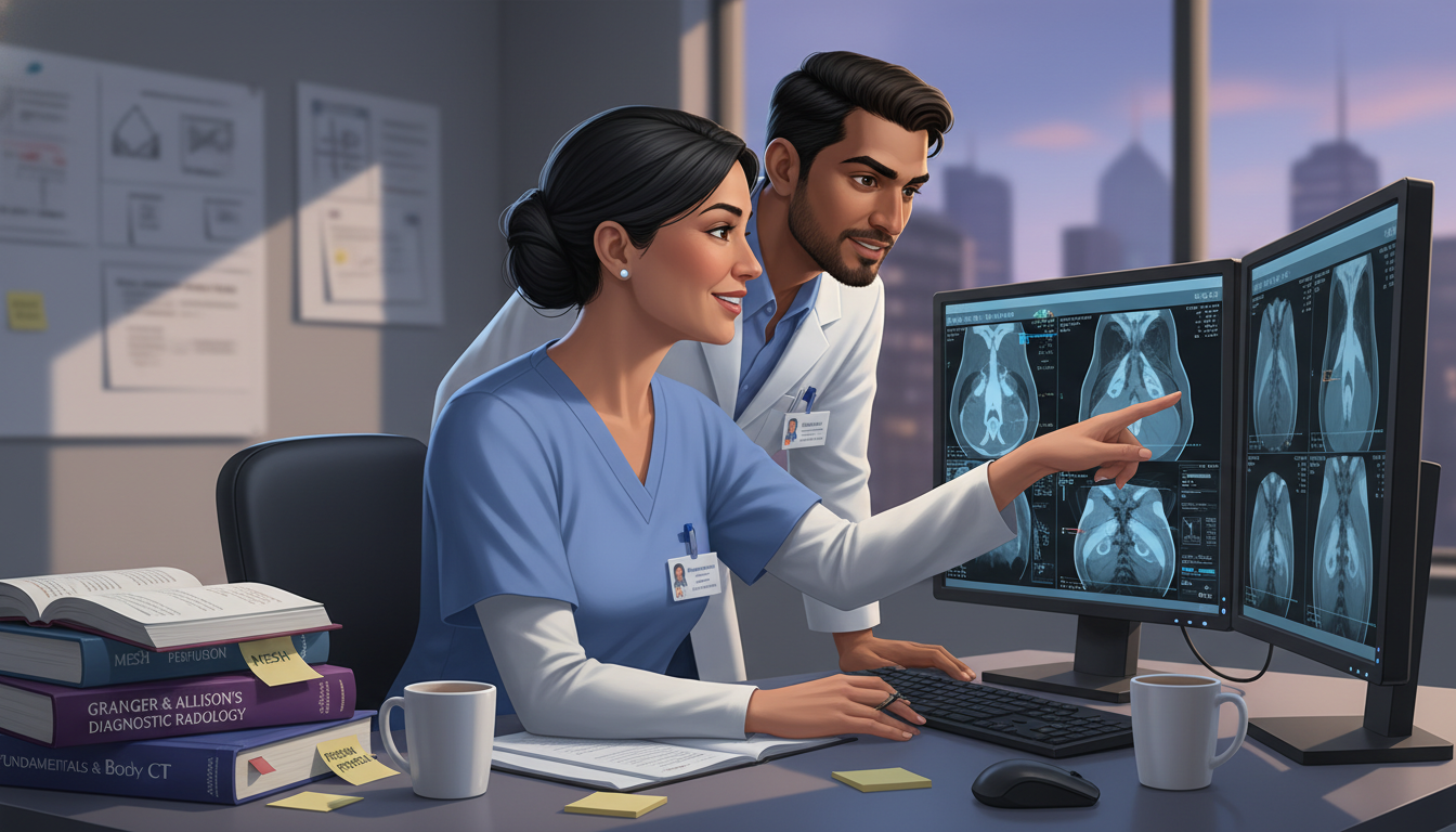 Radiology resident mentoring international medical graduate in reading room Radiology resident mentoring international medical graduate in reading room - IMG residency guide for Networking in Medicine