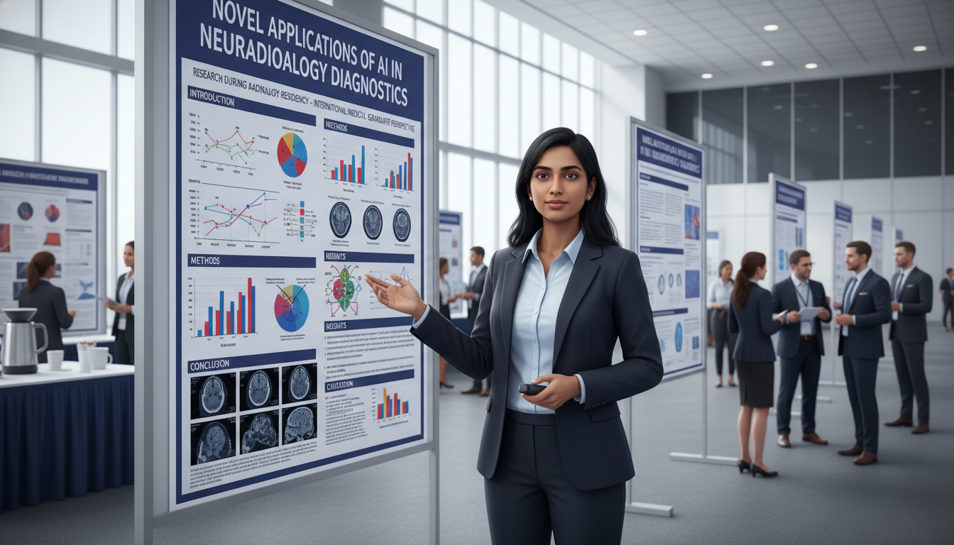 Radiology resident presenting a research poster at an academic conference - IMG residency guide for Research During Residency