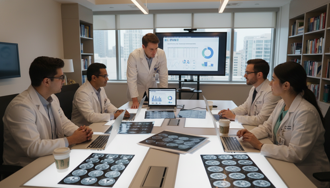 Radiology residents collaborating on data analysis in a research office - IMG residency guide for Research During Residency f