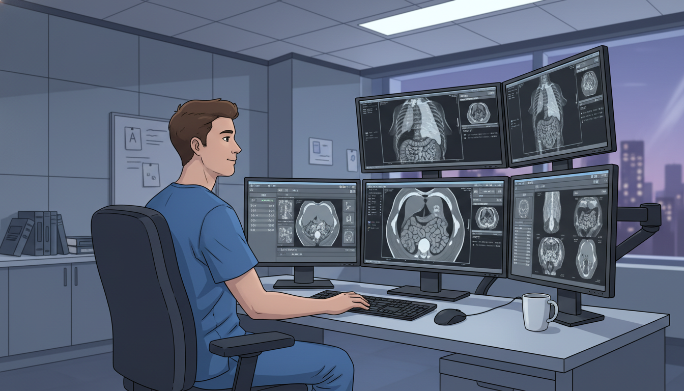 Diagnostic radiology resident reviewing CT scans in a hospital workstation - IMG residency guide for USMLE Step 2 CK Preparat
