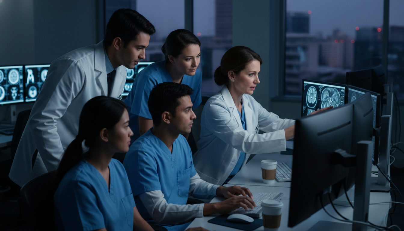 Diagnostic radiology residents reviewing imaging in reading room - IMG residency guide for Step Score Strategy for Internatio