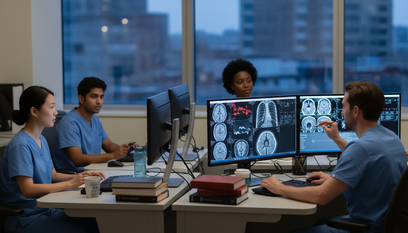Radiology residents working in reading room with multiple monitors Radiology residents working in reading room with multiple monitors - IMG residency guide for Work-Life Balance Assessment for