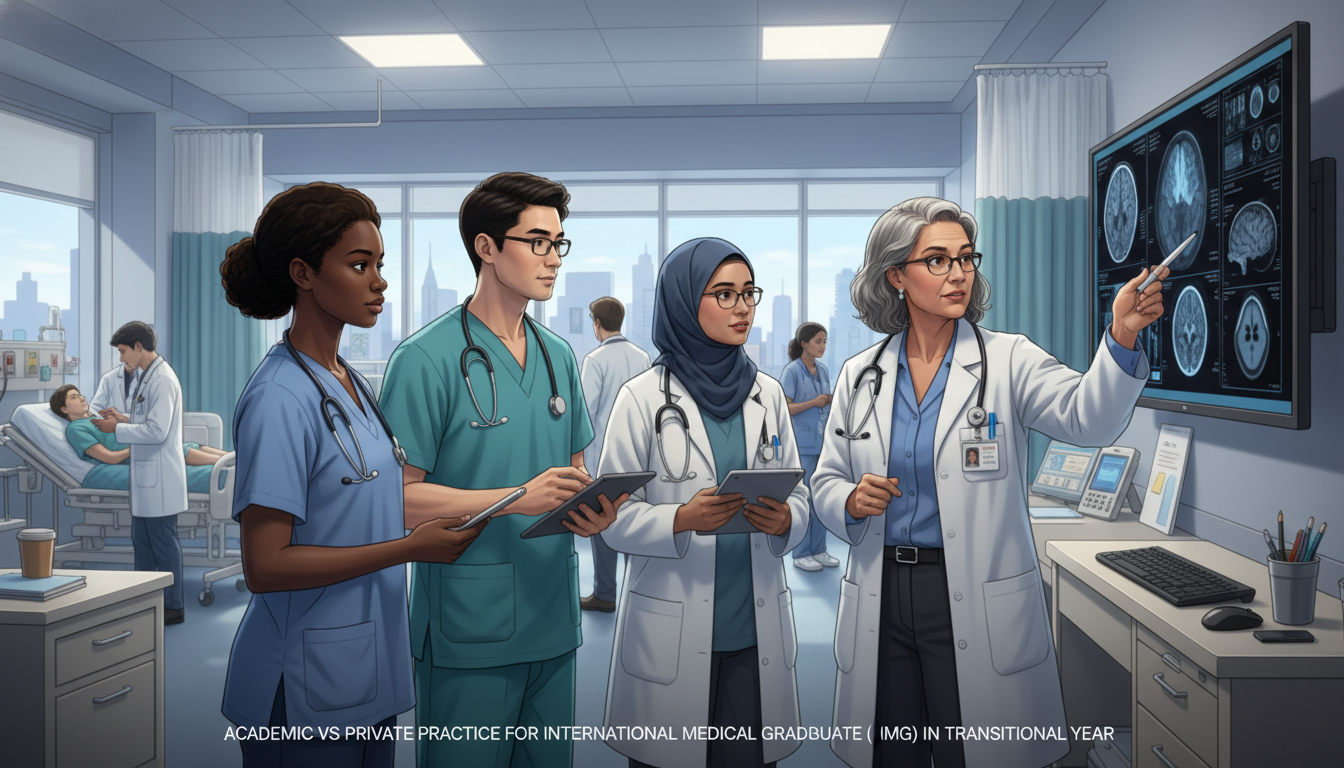 Academic hospital environment with residents and attending physician in teaching rounds Academic hospital environment with residents and attending physician in teaching rounds - IMG residency guide for Academic vs