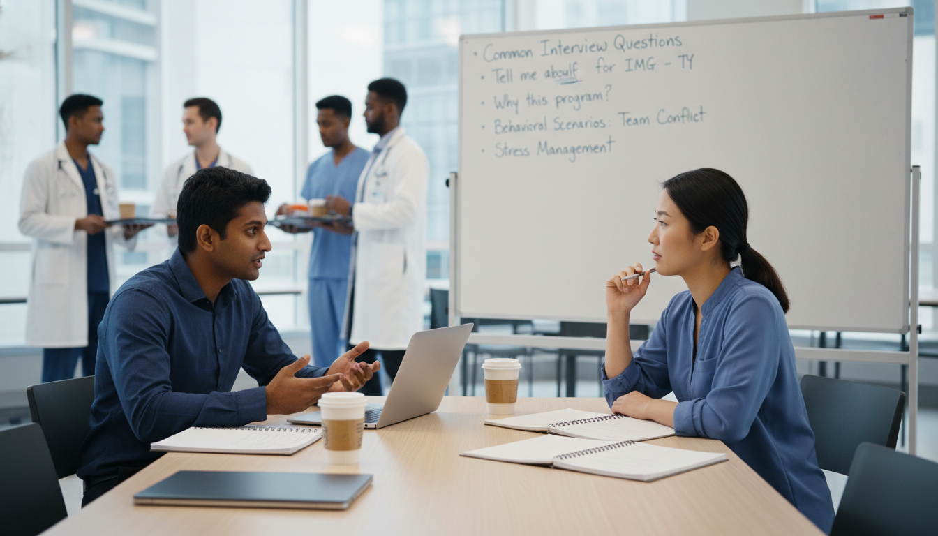 Residency applicants preparing for behavioral interview questions - IMG residency guide for Common Interview Questions for In