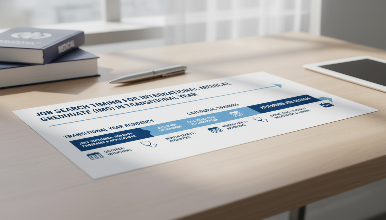 Timeline illustration of transitional year applications and post-residency job search phases Timeline illustration of transitional year applications and post-residency job search phases - IMG residency guide for Job Se