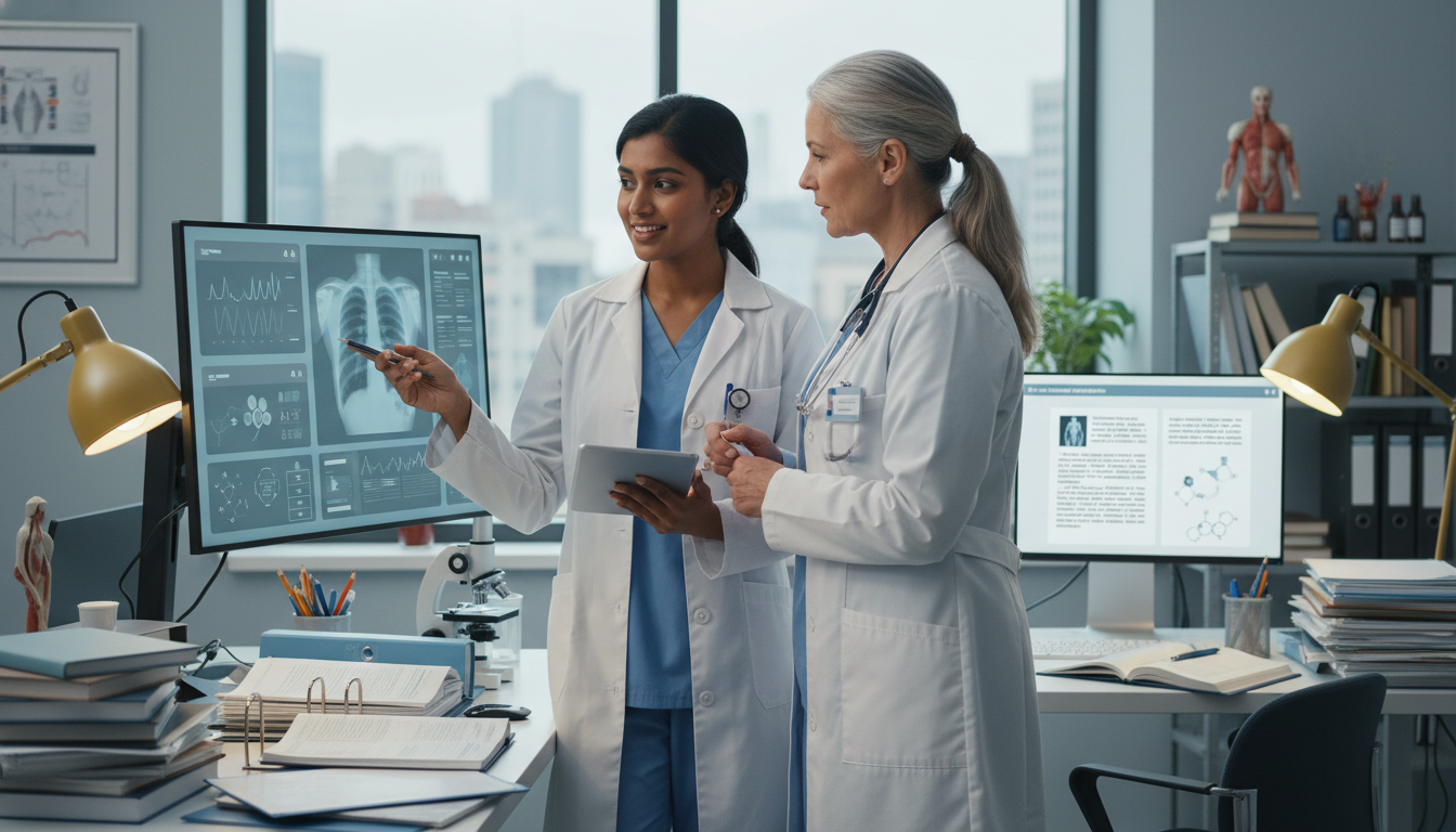 Transitional year resident discussing a case with mentor Transitional year resident discussing a case with mentor - IMG residency guide for Networking in Medicine for International M