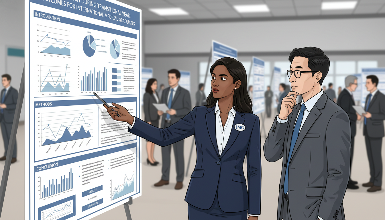 IMG resident presenting a research poster at a medical conference IMG resident presenting a research poster at a medical conference - IMG residency guide for Research During Residency for Int