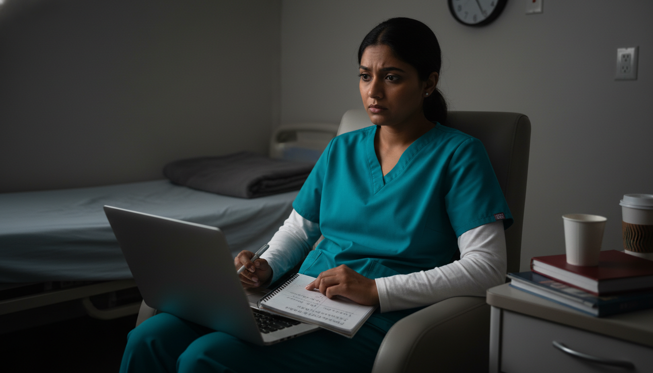 Transitional year IMG resident quietly reflecting in call room Transitional year IMG resident quietly reflecting in call room - IMG residency guide for Resident Turnover Warning Signs for