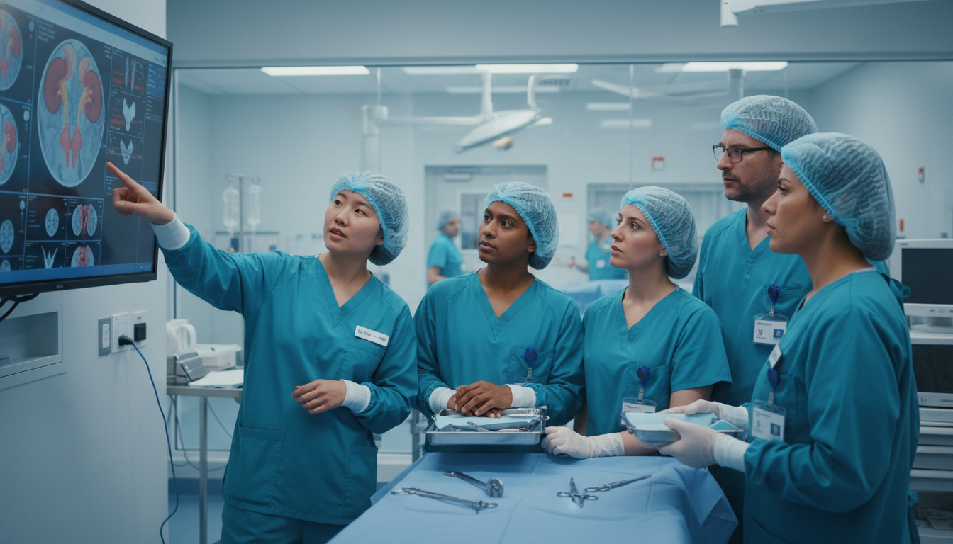 Urology residents and faculty discussing surgical training in an academic medical center Urology residents and faculty discussing surgical training in an academic medical center - IMG residency guide for H-1B Spons