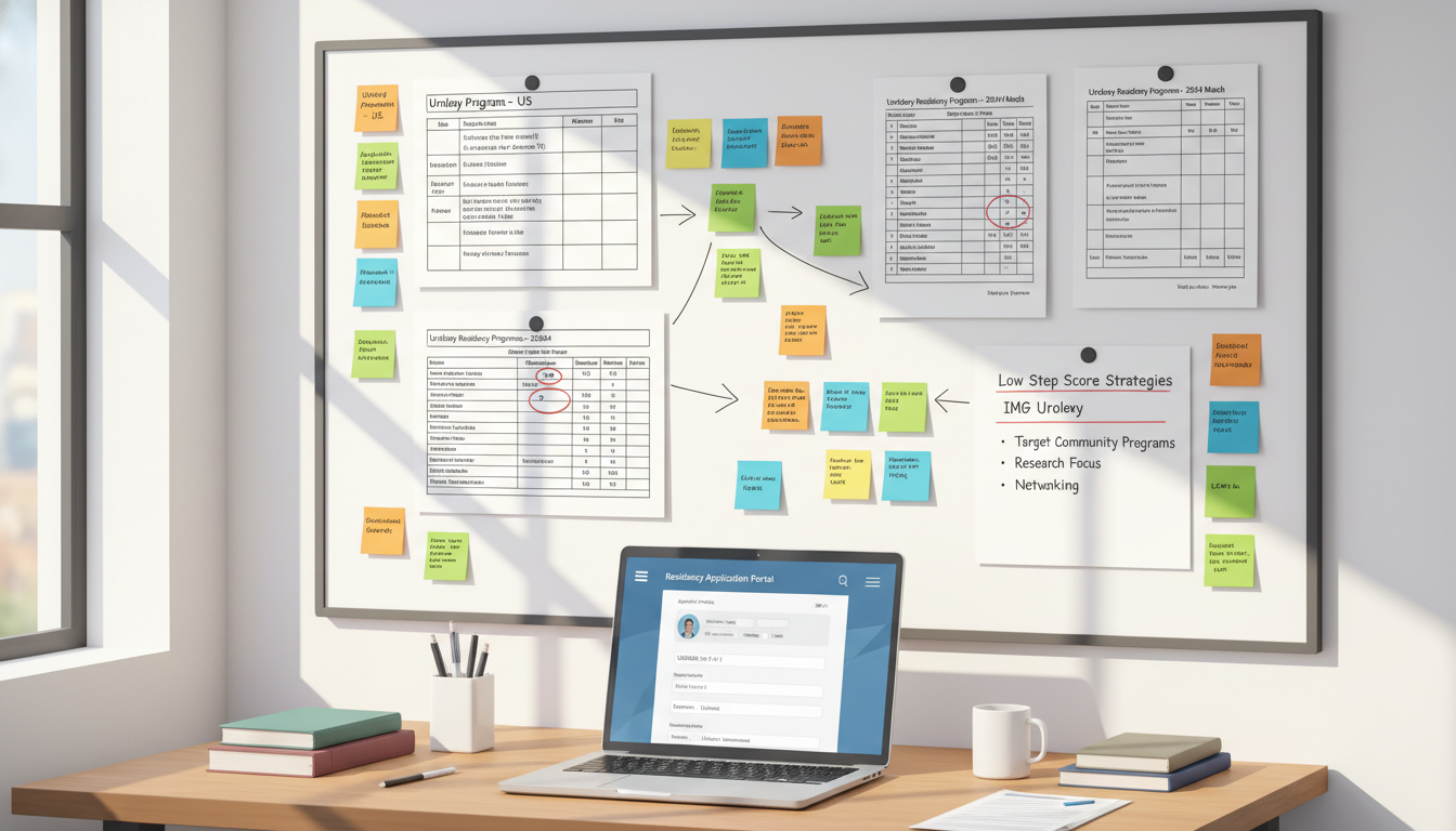Residency application planning board with urology programs and deadlines - IMG residency guide for Low Step Score Strategies