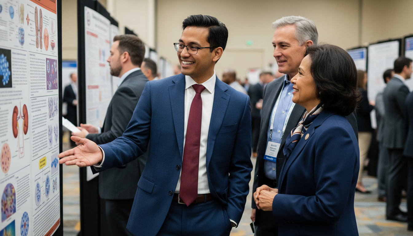 IMG urology applicant networking with mentors at a poster presentation IMG urology applicant networking with mentors at a poster presentation - IMG residency guide for Networking in Medicine for I