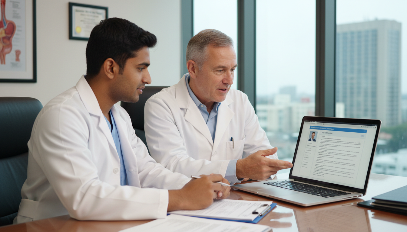 Urology resident and faculty discussing residency application and pre-match communication Urology resident and faculty discussing residency application and pre-match communication - IMG residency guide for Pre-Match