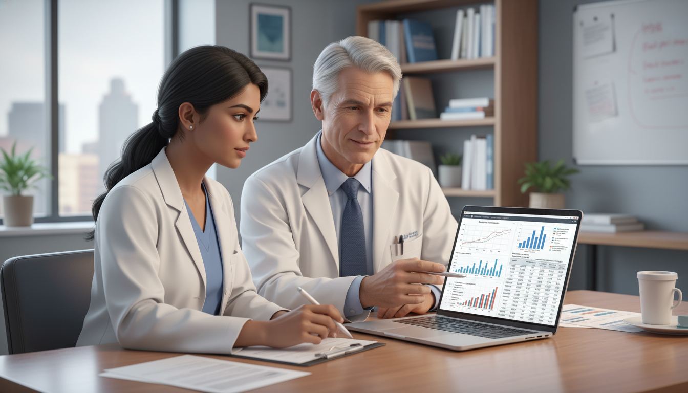 Urology resident and mentor reviewing surgical outcomes data Urology resident and mentor reviewing surgical outcomes data - IMG residency guide for Research During Residency for Internat