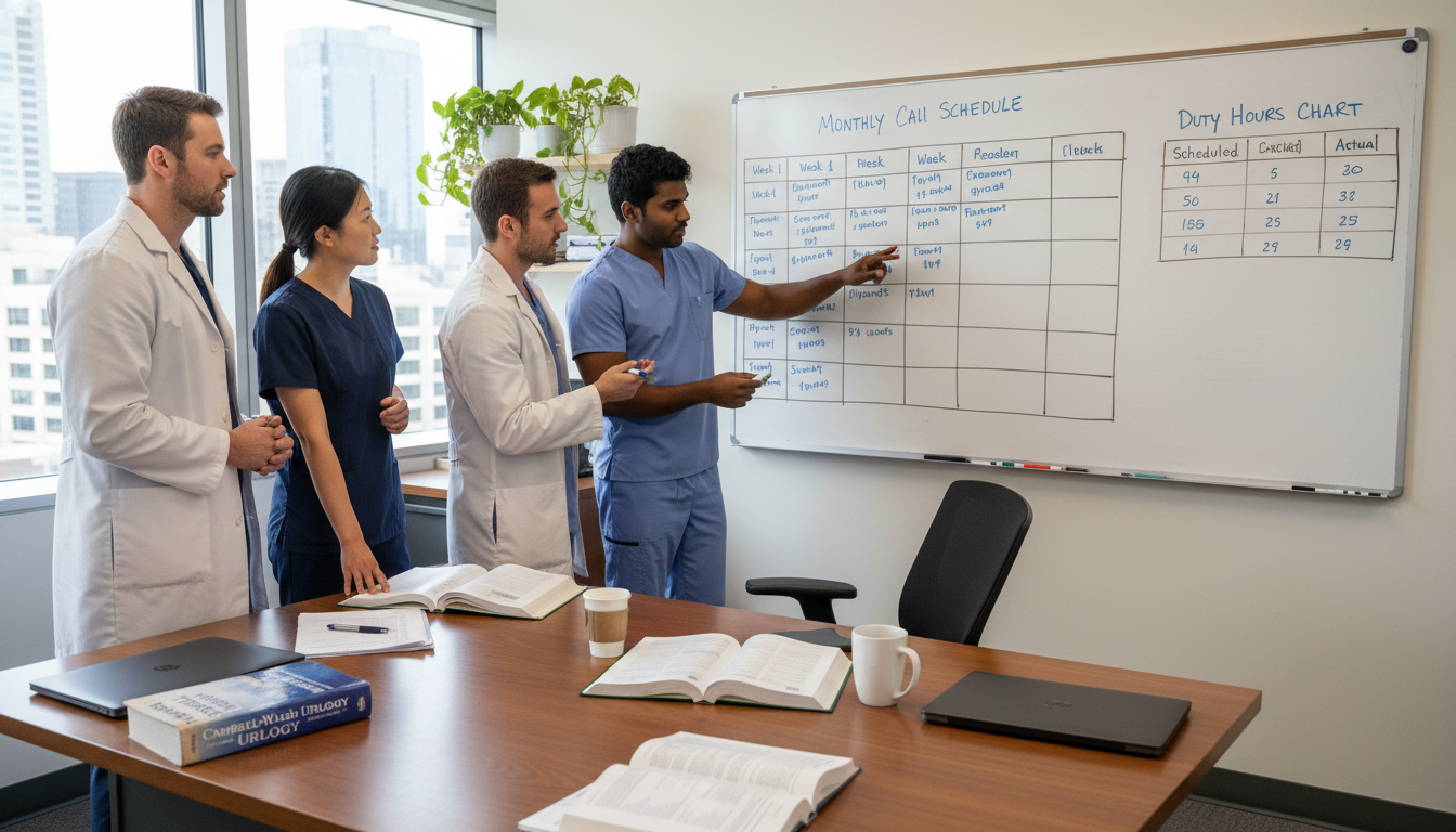 Urology residents discussing schedules and duty hours Urology residents discussing schedules and duty hours - IMG residency guide for Work-Life Balance Assessment for Internationa