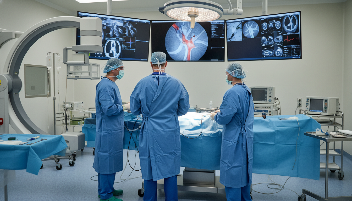 Vascular surgery operating room with team performing an endovascular procedure - IMG residency guide for Case Volume Evaluati